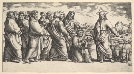 Christus steht links und zeigt auf eine Schafherde, vor ihm kniet St. Peter