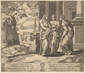 Tafel 15: Psyche erzählt ihren Schwestern von ihrem Unglück, aus Die Fabel von Psyche