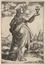 Die Magdalena steht nach rechts, Krug in ihrer erhobenen rechten Hand, 1530-60