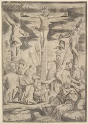 Die Bekehrung des Zenturios, der seine Arme vor Christus am Kreuz ausbreitet, 1532