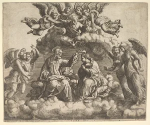 Die Krönung der Jungfrau, Christus hält die Krone über ihr Haupt, Gottvater segnet..., 1532.