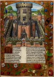 Bel Acueil (Freundlicher Empfang) eingesperrt von Jalousie (Eifersucht) in einem Turm, bewacht von Soldaten, aus 