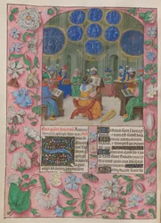 David und die Tempelsänger. Der Psalter. David und die Tempelsänger. Die Sänger tragen allegorische Blumen, unter Visionen der Passion, des Leidens der Märtyrer und der Zerstörung Jerusalems. Davids Harfe liegt neben ihm.