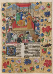 David zum König von Israel gekrönt. Der Psalter. Saul salbt David und die Krönung Davids zum König von Israel. Psalm 26, beginnend mit dekoriertem Initial 