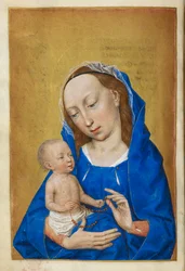 Stunden der Jungfrau im Advent. Die Jungfrau und das Kind, die mit einer Perlenkette spielen.