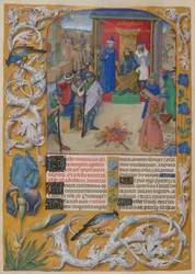 Nebukadnezar verbrennt die Bücher. Psalter. Nebukadnezar leitet das Verbrennen der Bücher bei der Zerstörung Jerusalems. Psalm 1. Rand mit Trompe-l