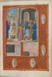 Temporale (1. Teil: vom Ersten Adventssonntag bis Karsamstag). Die Juden drohen Christus wegen Gotteslästerung in Salomons Tempel zu steinigen (Passionssonntag). Rand mit Engeln. Zwei Textspalten.