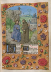 Die Versuchung Christi. Christ mit dem Teufel, gekleidet als Mönch, der einen Stein hält. Dahinter die anderen Versuchungen; Christus und der Teufel auf einem Felsen und auf der Kuppel des Tempels. Text mit dekoriertem Initial 