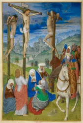 Die Kreuzigung. Stunden des Kreuzes. Christus am Kreuz zwischen den beiden Dieben, mit mehreren Figuren; drei zu Pferd. St. Johannes steht, und die Jungfrau und drei Marien sitzen am Fuß des Kreuzes. Ein Blick auf Jerusalem im Hintergrund.