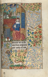 Stundenbuch (Gebrauch von Rouen): fol. 80r, Eröffnung der Bußpsalmen, David als Büßer, im Hintergrund David, der Goliath erschlägt