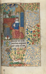 Stundenbuch Gebrauch von Rouen: fol. 80r, David reumütig, im Hintergrund David, der Goliath erschlägt, um 1470
