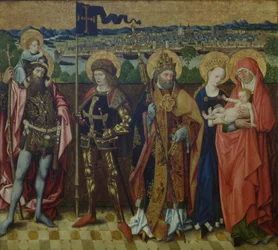 St. Anna, die Jungfrau und das Kind, St. Christophorus, St. Gereon und St. Peter in einer Landschaft, die Köln und die Sieben Hügel zeigt, um 1460-80