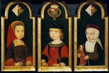 Kaiser Karl V., im Alter von 2 Jahren, und seine zwei Schwestern Eleonore und Isabella