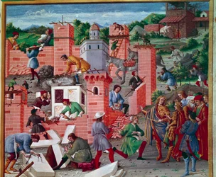 Der Bau der Stadt Rom. Die Zwillinge Romulus und Remus besuchen die Baustelle zur Begutachtung der Arbeiten und ihres Fortschritts. Die Arbeiter sind eifrig bei der Arbeit: Maurer, Steinmetze, Träger sowie Arbeiter mit Marmor und Zement, die Zement