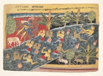 Die Gopis bitten Krishna, ihre Kleidung zurückzugeben: Folio aus Isarda Bhagavata