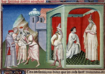 Johannes von Mandeville und der Sultan. Kontroverse zwischen Christen und Muslimen dargestellt von Jean de Mandeville, Entdecker aus Lüttich (1300-1372) und dem Sultan der Sarazenen. Miniatur in „Das Buch der Wunder der Welt“