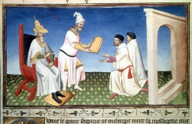 Marco und Maffeo Polo empfangen Gaben von Kublai Khan. Miniatur aus „Das Buch der Wunder“ („Die Beschreibung der Welt“, „Il Milione“) von Marco Polo (1254-1324) (Ms. 2810, Folio 3v), illuminiert vom Mazarine-Meister, um 1410-1412