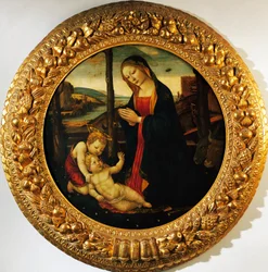 Madonna mit Kind und dem kleinen Johannes dem Täufer, Gemälde zugeschrieben dem Meister des Tondo Miller (Ende des 15. Jahrhunderts)