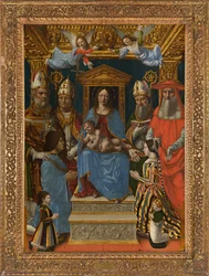 Thronende Madonna mit Kind, Kirchenlehrern und der Familie Ludovicos des Mohren