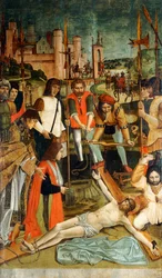 Christus ans Kreuz genagelt mit einem Spender mit einem Arm in einer Schlinge, präsentiert von einem Priester