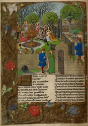 Lautenist und Sänger in einem ummauerten Garten. Der Liebhaber und Dame Oyseuse (Müßiggang) außerhalb der Gartenmauern, Illustration aus 