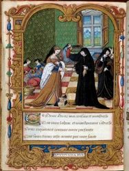 Margarete von Angoulême (1492-1549), Königin von Navarra, überreicht ihr Buch der Herzogin von Étampes und Favoritin von Franz I., Anne de Pisseleu. Seite aus dem Manuskript 