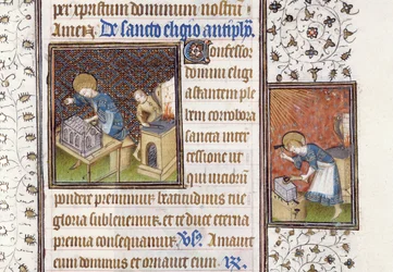 Ms 62 f.215r St. Eligius fertigt ein Heiligtum an; St. Eligius an einem Amboss, aus einem Stundenbuch