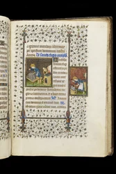 Ms 62 f.215r St. Eligius macht ein Heiligtum; St. Eligius an einem Amboss, aus einem Stundenbuch, ca. 1445-50