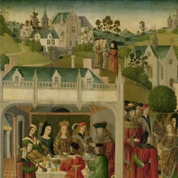 Hochzeitsfest der Heiligen Elisabeth von Ungarn und Ludwig von Thüringen auf der Wartburg, innerer linker Flügel eines Altars für die Grote Kerk in Dordrecht