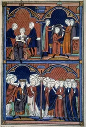Ordnung der Weihe und Krönung der Könige von Frankreich: der König mit Tunika, Mantel und Krone, auf die alle Pairs ihre Hände legen; der Erzbischof umarmt ihn. Miniatur aus „L