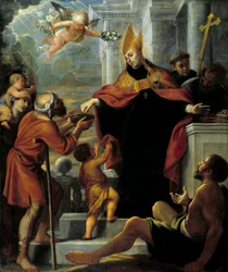 Der heilige Thomas von Villanova verteilt Almosen an Bettler. Gemälde von Mateo Cerezo
