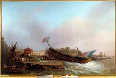 Der Kaiser Napoleon I. (1769-1821) und die Imperatrix, umgeben von König und Königin von Westphalen bei der Taufe des 80-Kanonen-Schiffs The Friedland im Arsenal von Antwerpen am 2.05.1810