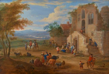 Eine Landschaft mit Almosenverteilung vor einer Ruinenabtei, um 1650-90