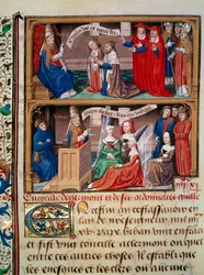 Darstellung des Konzils von Clermont 1095 unter Vorsitz von Papst Urban II. (1042-1099), der den ersten Kreuzzug predigt. Miniatur aus dem Manuskript 