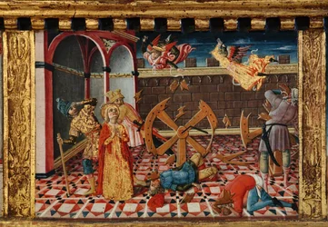 Madonna mit Kind und den Heiligen Jakobus, Augustinus, Bernhardin und Margarete, erste Jahrzehnte des 14. Jahrhunderts