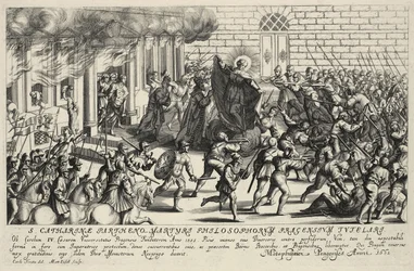 Die heilige Katharina schützt Karl IV. während des Pisaner Volksaufstands im Mai 1355