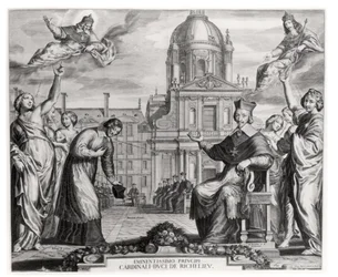 Robert de Sorbon (1201-94) und Kardinal Richelieu (1575-1642) vor der Sorbonne, graviert von Gregoire Huret (1606-70) 1639