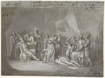 Der Leichnam des Patroklos in Achills Zelt beweint