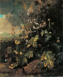 Waldboden mit Schmetterlingen und Eidechsen