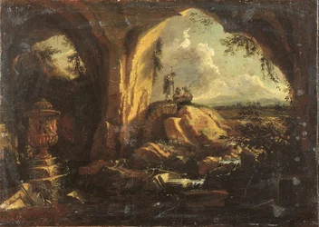 Innenansicht einer Grotte mit einer antiken Vase und Ruinen, drei Pilger am Eingang