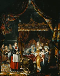 Ein prächtiges Interieur mit einer Familie, die die Geburt eines Kindes feiert
