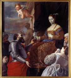Sophonisbe (235-203 v. Chr.) nimmt das Gift. Massinissa vergiftete seine Frau Sophonisbe, Königin von Numidien, anstatt sie Rom auszuliefern. Gemälde von Mattia Preti (1613-1699)
