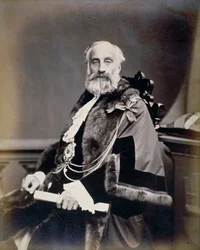 Mr. Burt, Sheriff von London, trägt eine scharlachrote Robe, ein Scheriffsabzeichen und eine Kette, ca. 1865