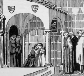 Französischer König Saint Louis (Louis IX 1214-1270) als Pilger bei Saint Frere Gilles in Perugia (graviert von Jacques Beltrand nach einer Zeichnung von Maurice Denis)