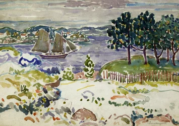 Bucht mit Segelboot, Maine, ca. 1913-1915