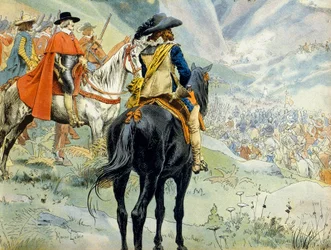 Geschichte Frankreichs: Krieg um die Nachfolge von Mantua (1628-1631) während des Dreißigjährigen Krieges. Die Schlacht am Pas de Suze (Susa) mit König Ludwig XIII. (1601-1643) und Kardinal Richelieu (Armand Jean du Plessis)