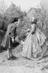 Begegnung des jungen Jean-Jacques Rousseau und der zukünftigen engen Freundin Madame de Warens, 21. März 1728 (Stich)