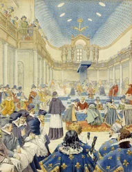 Richelieu hielt die Rede im Namen des Schreibers bei der Abschlussversammlung der Generalstände von 1614 - in „Richelieu“ von Maurice Leloir