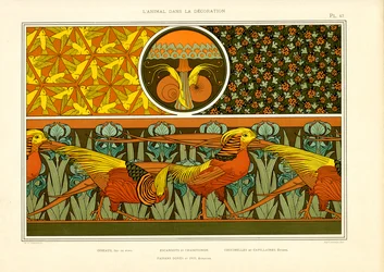 Dekorative Ornamente mit Fasanen, Vögeln und Marienkäfern