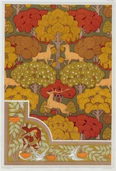 Entwürfe für Tapeten und Tapetenbordüre Hirsche in den Bäumen, veröffentlicht 1897